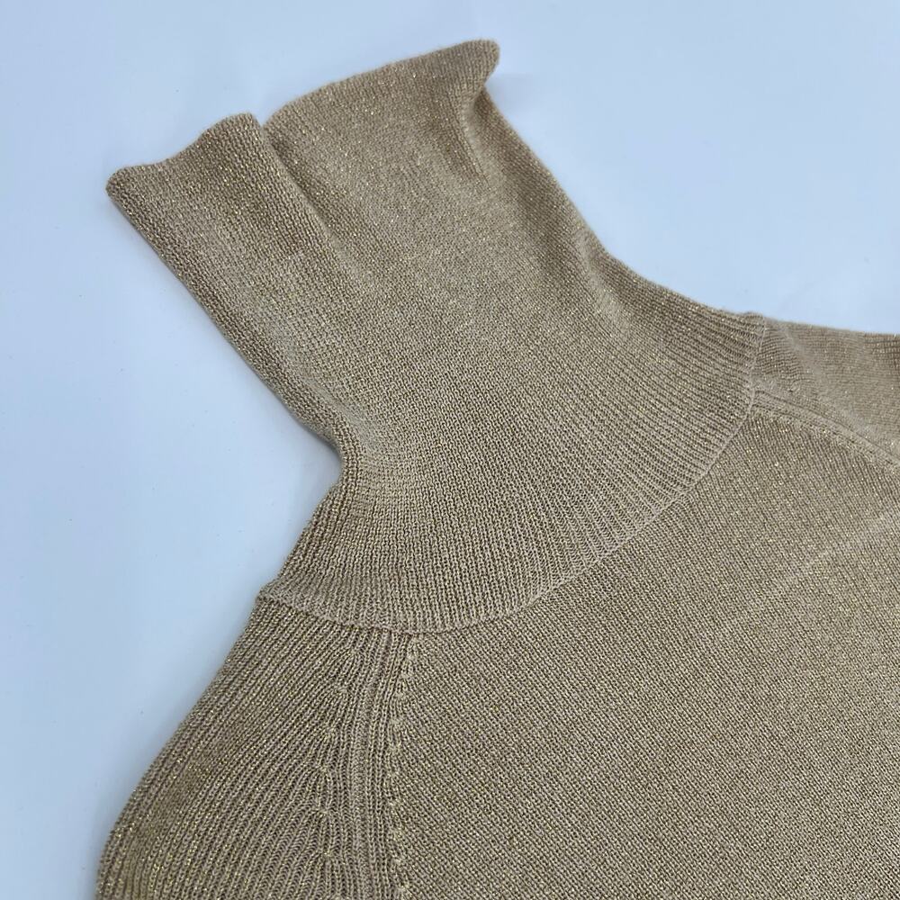 Cache Turtleneck Metallic Gold Womens Med Roll Neck Body Con Ribbed Knit Stretch - Picture 10 of 10
